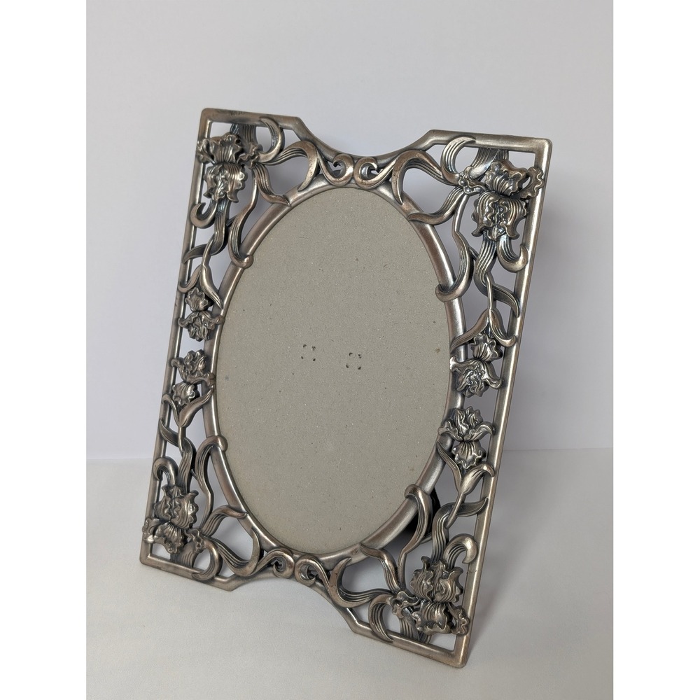 Linco Art Nouveau Style Silver Tone Pewter Floral Iris Oval Picture Frame Taiwan